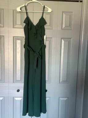 Women’s Dark Green Ruffle Jumpsuit with Tie Waist
